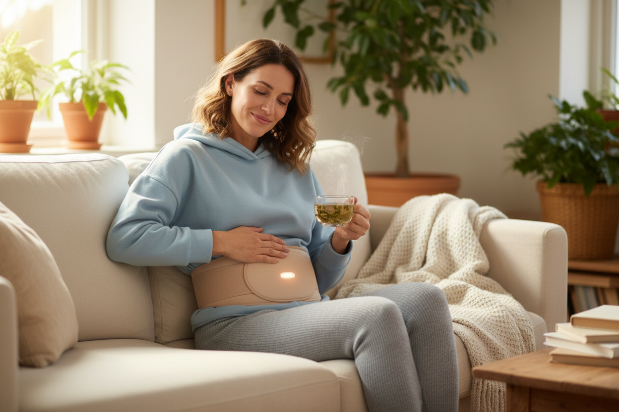 frau die periode gürtel an hat und zeig dass sie sich erholt in dem sie glücklich ist
